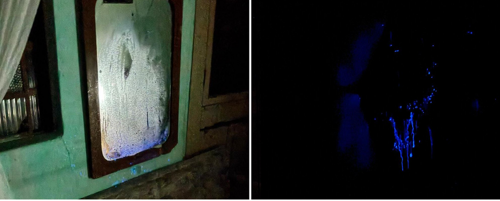 Galeria de imagens: Comparação da cena do crime: À esquerda, a parede da casa sem o uso do luminol; à direita, a mesma parede após a aplicação do luminol, revelando vestígios de sangue sob a luz negra.