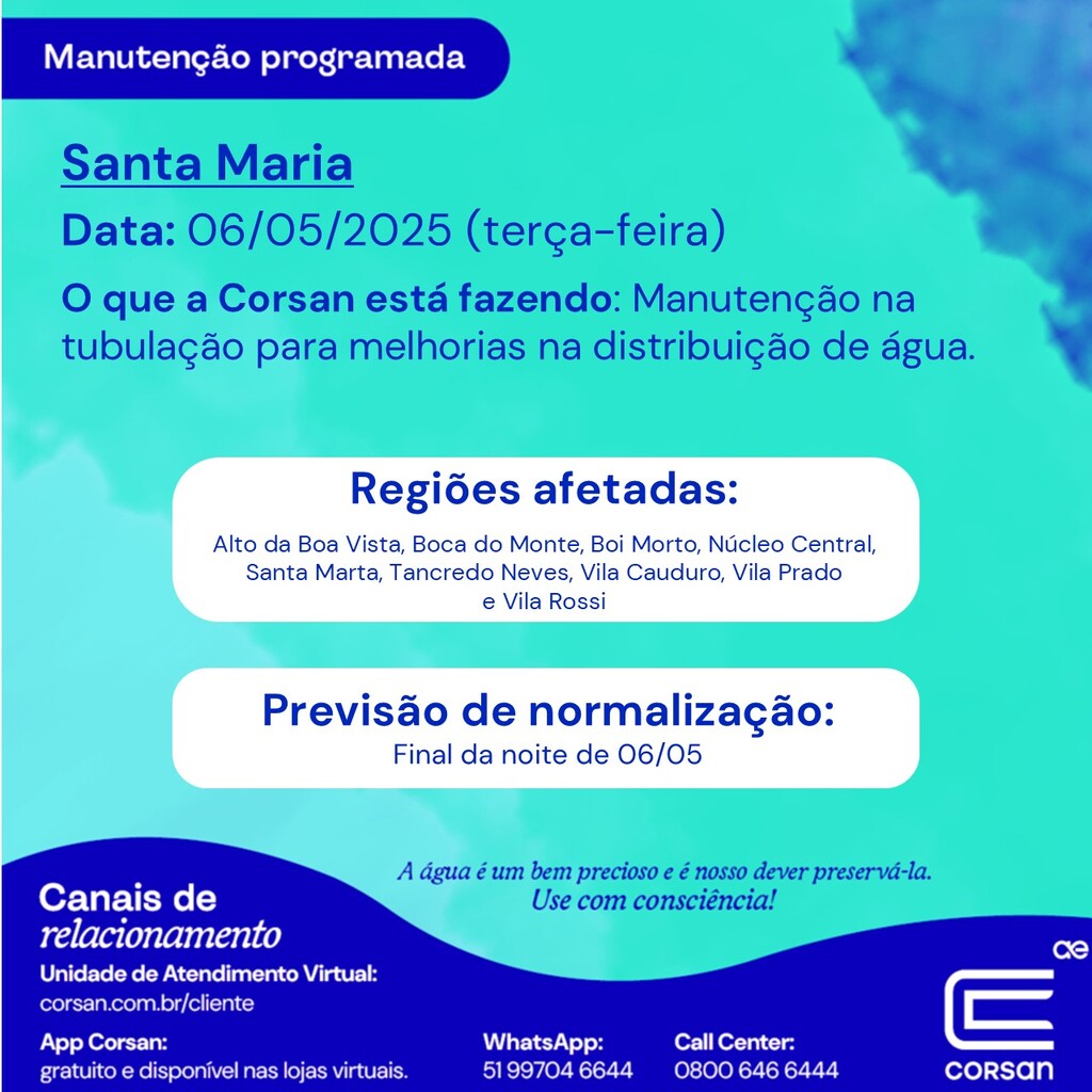 título imagem Corsan alerta para interrupção no abastecimento de água na região Oeste de Santa Maria nesta terça-feira