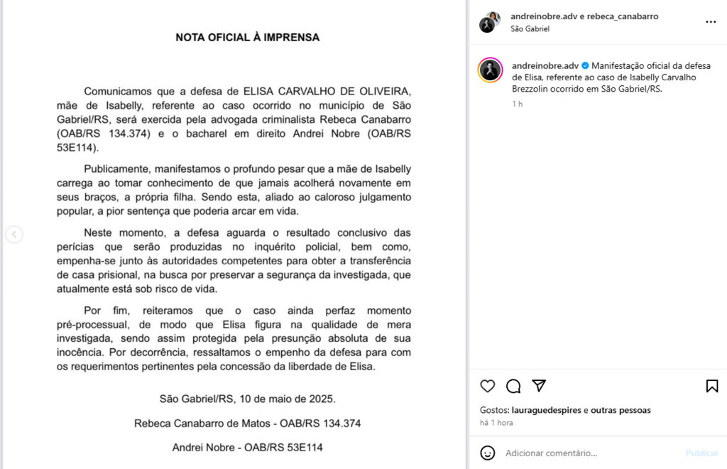 Defesa da mãe de Isabelly se pronuncia e diz que pedirá a liberdade da cliente