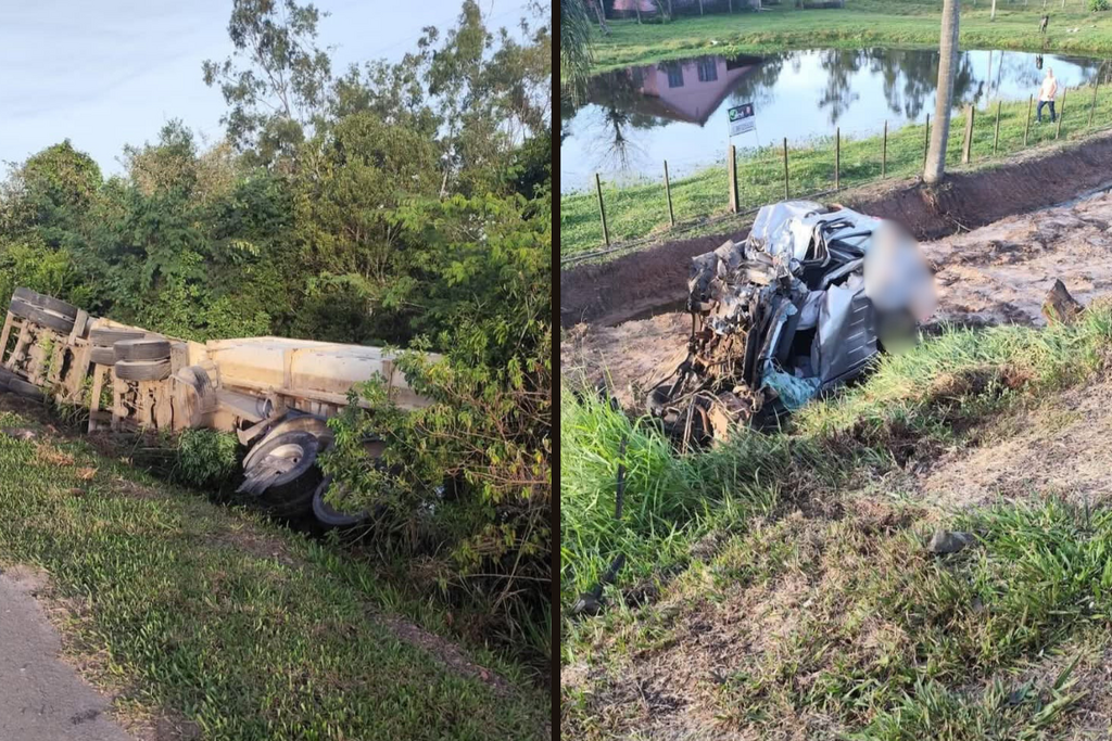 Colisão envolvendo carro e caminhão deixa uma pessoa gravemente ferida na RSC-287