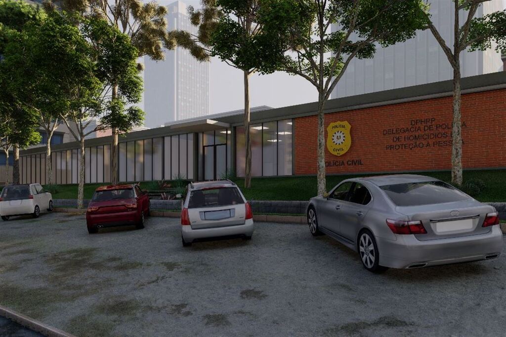 Foto: Polícia Civil (Reprodução) - Arte gráfica mostra como deveria ficar o antigo prédio da Daer, na Avenida Medianeira, com a instalação da Central da Polícia Civil. Atualmente, aluguel de prédios para DPs custa R$ 70 mil por mês