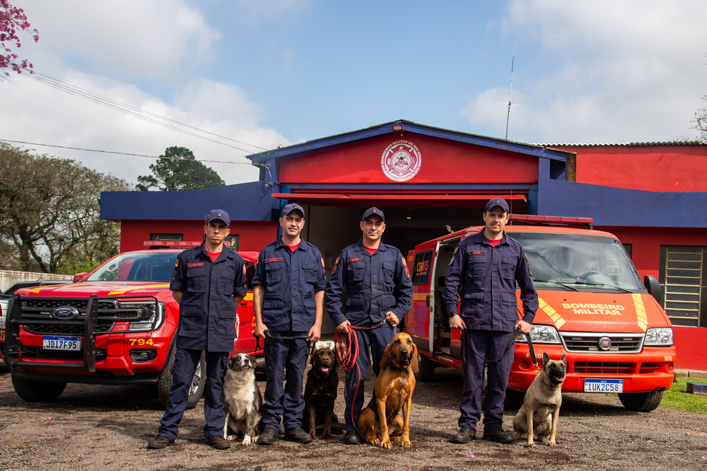 Foto: Vinicius Becker (Diário) - Da esquerda para a direita: Molly, com o soldado Estevão; Max, com o soldado Rafael; Bella, com o segundo sargento Machado; e Sky, com o soldado Bueno