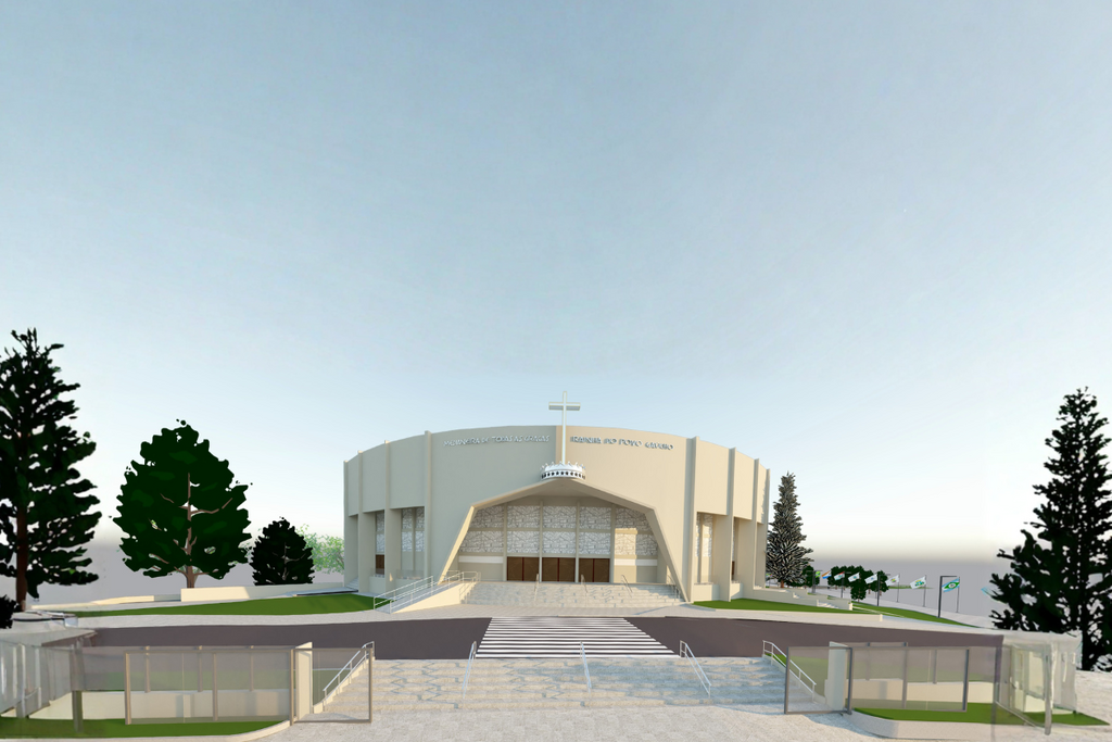 Foto: Santuário Basílica da Medianeira (Divulgação) - Projeto de revitalização da fachada da Basílica da Medianeira mostra como ficará o espaço após as obras, que incluem escadarias, calçadas e melhorias no acesso ao santuário.