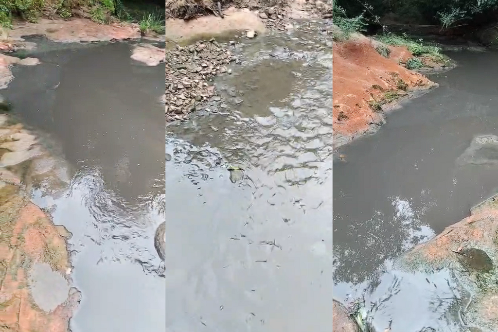 Esgoto vaza em sanga no interior de Restinga Sêca, provocando forte mau cheiro