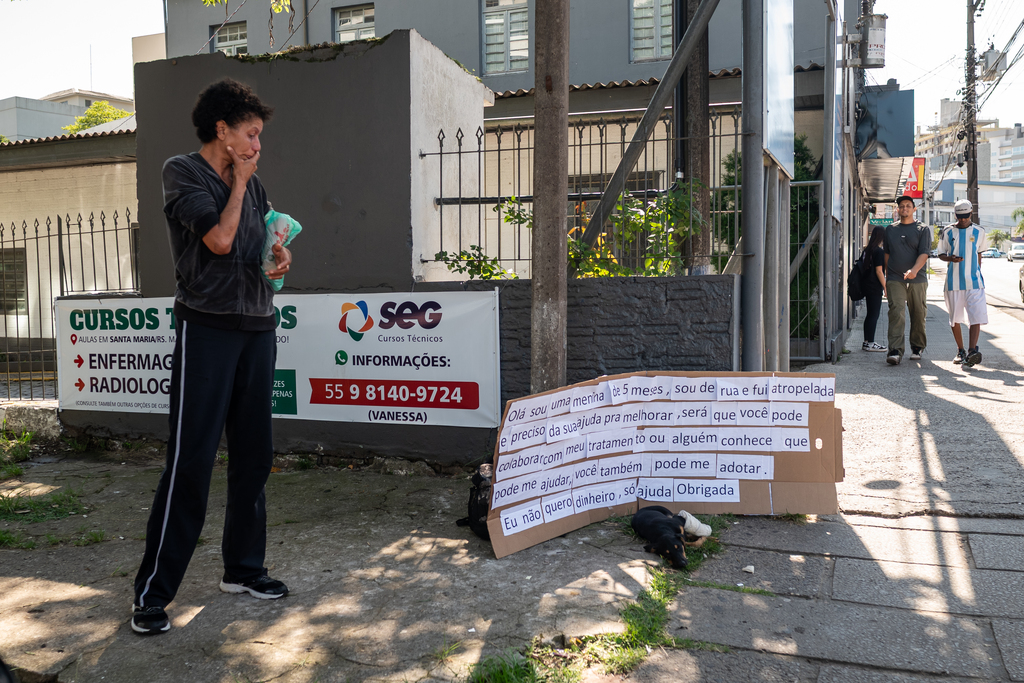 Com cartaz à beira da rua, mulher pede ajuda para encontrar lar a cachorrinha ferida na Avenida Medianeira