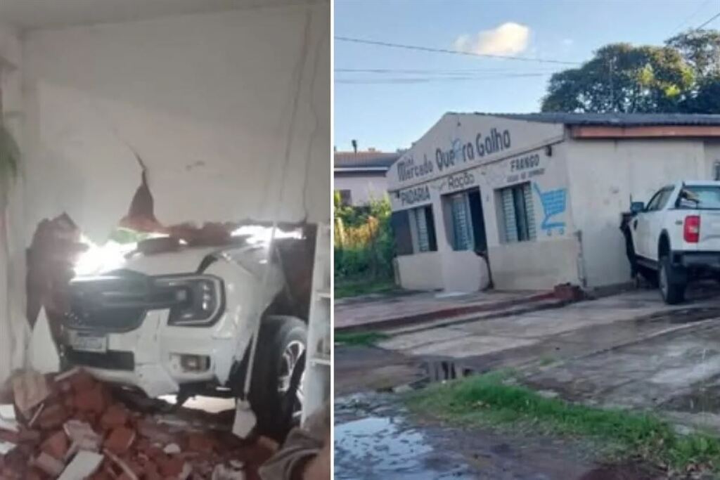 Caminhonete invade pátio e destrói parede de minimercado em município da região