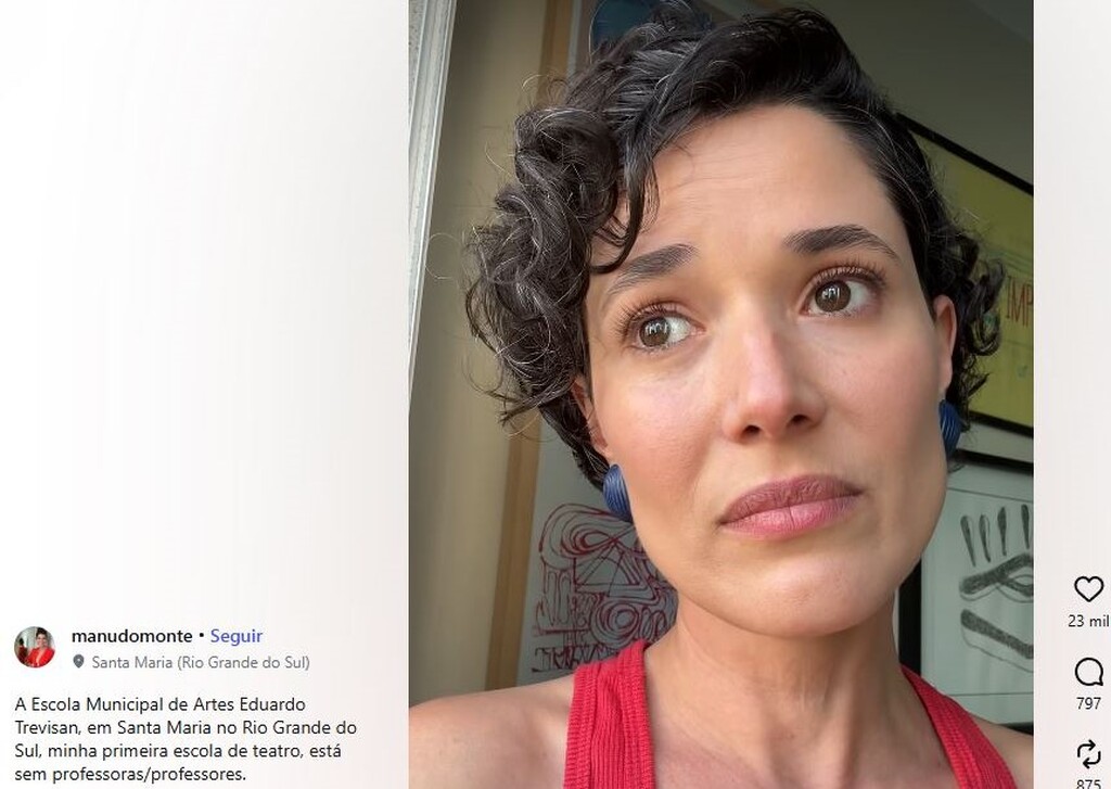 Foto: Reprodução - Atriz santa-mariense é ex-aluna da escola e destacou a importância do espaço na sua formação em vídeo no Instagram