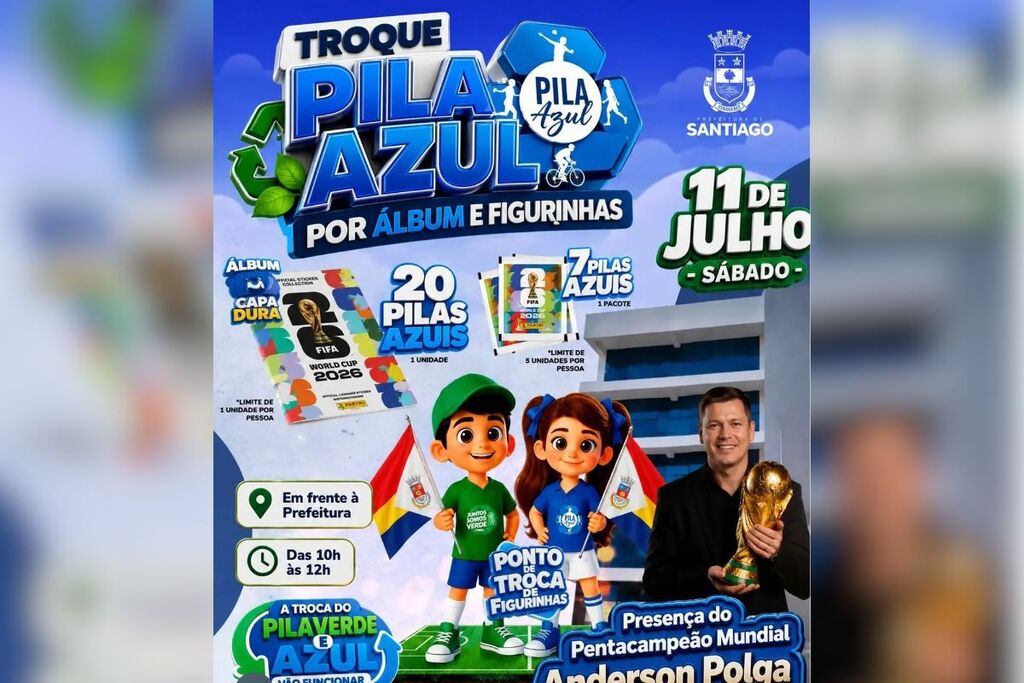 Troca de Pila Azul por álbuns e figurinhas da Copa será realizada neste sábado em Santiago