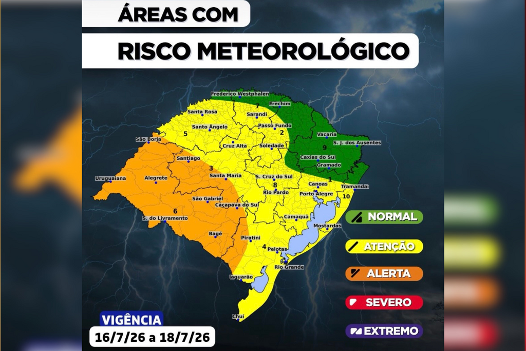 Defesa Civil atualiza alerta para risco de temporais no RS; confira previsão para Santa Maria e região