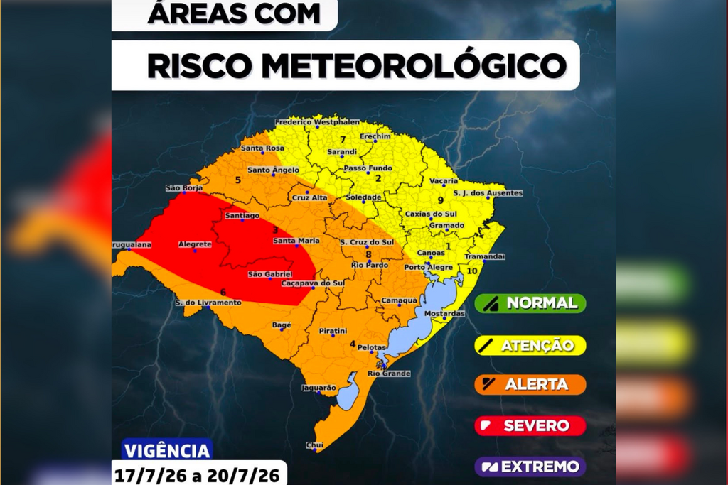 Santa Maria entra em alerta vermelho para temporais; Defesa Civil prevê chuva intensa, ventos acima de 90 km/h e granizo até segunda