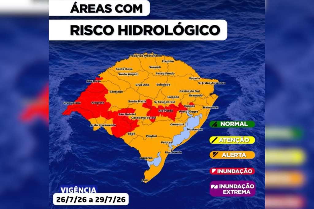 Defesa Civil alerta para risco de cheias e alagamentos em Santa Maria e região