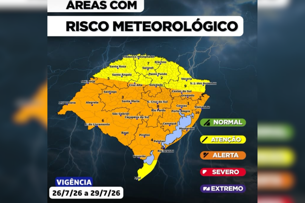 Defesa Civil atualiza previsão de risco meteorológico para os próximos dias no RS; Santa Maria está em área de alerta