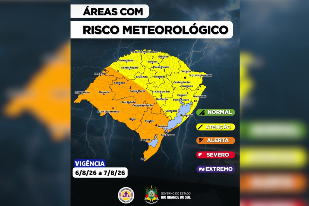 Defesa Civil alerta para risco de temporais com granizo e ventos acima de 90 km/h em Santa Maria e região