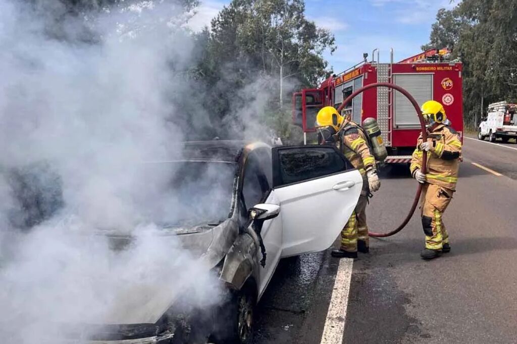VÍDEO: Carro pega fogo na BR-287 entre Santa Maria e São Pedro do Sul