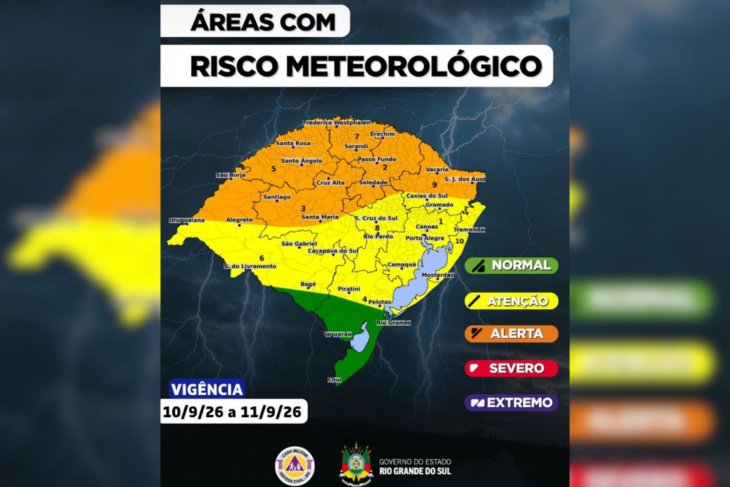 Defesa Civil coloca Santa Maria em alerta para tempestades a partir desta quinta; chuva pode superar 150 mm