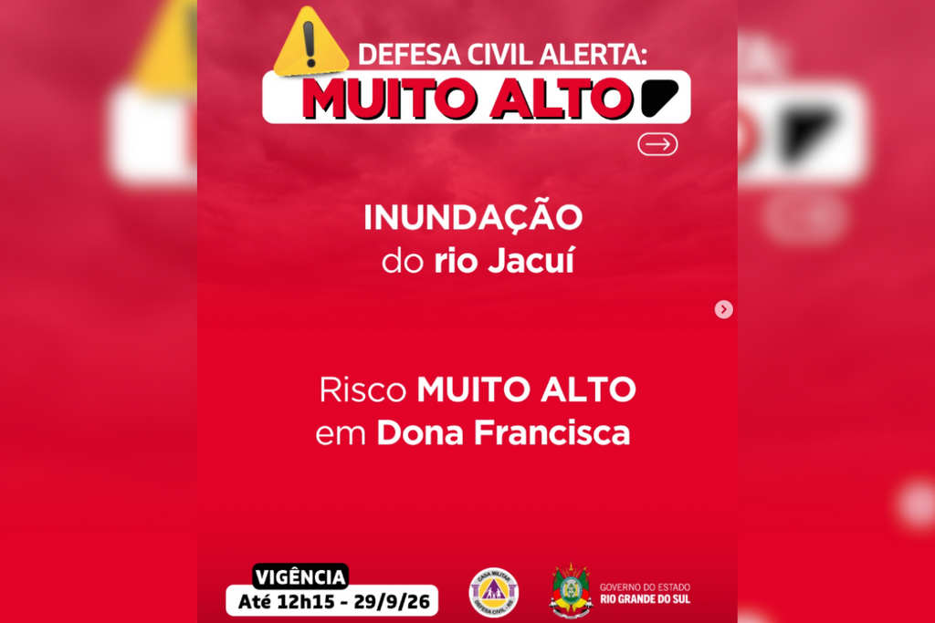 Defesa Civil alerta para risco muito alto de inundação do rio Jacuí em Dona Francisca