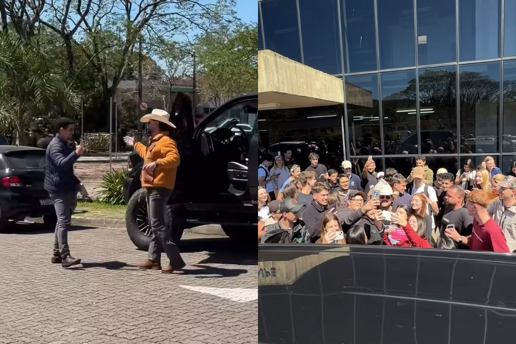 Apontado como affair de Ana Castela, influenciador Cesar Rincon tira fotos com alunos na UFSM e planeja acompanhar tempestades pelo RS