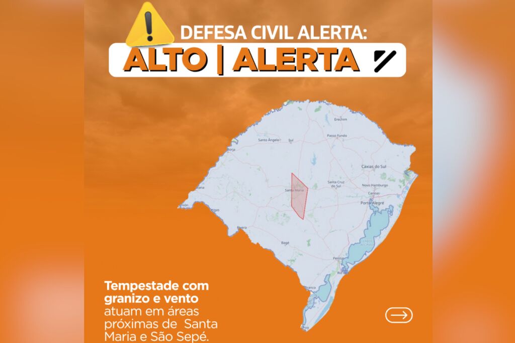 Defesa Civil alerta para tempestade com vento e granizo em Santa Maria e São Sepé