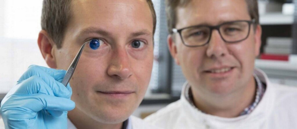  - Os pesquisadores Steve Swioklo e Che Connon com uma córnea colorida - Universidade Newcastle