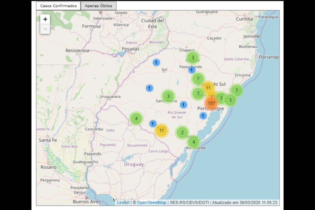 Foto: Divulgação SES - Mapa da Secretaria de Saúde do Estado mostra número de casos confirmados por município