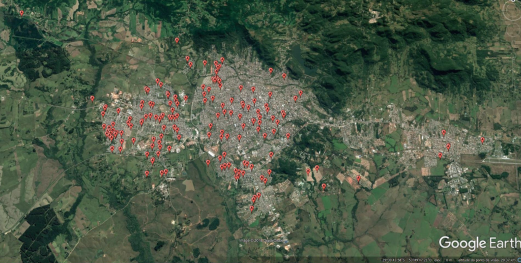  - Distribuição dos casos confirmados de toxoplasmose segundo local de residência, Santa Maria, 18/5/2018 (dados preliminares)