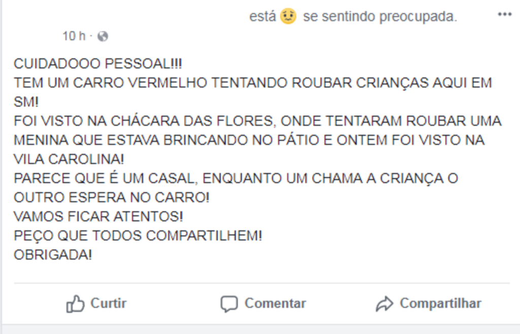 Informação de que há um casal tentando sequestrar crianças em Santa Maria pode ser falsa