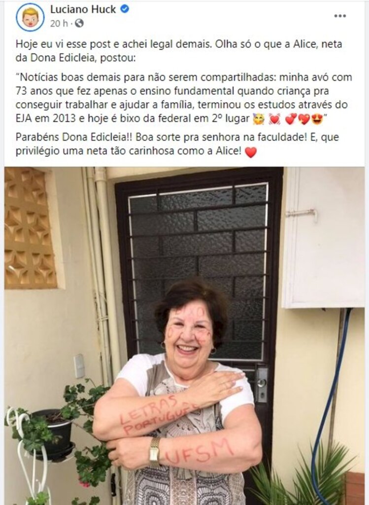 Luciano Huck faz post sobre santa-mariense de 73 anos aprovada na UFSM