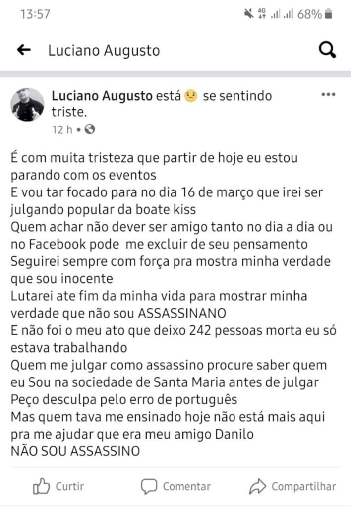 Réu do caso Kiss se manifesta em redes sociais