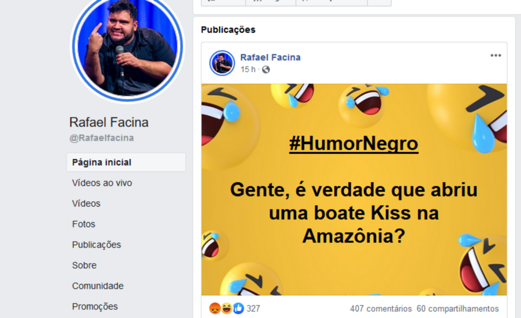 Humorista que fez piada sobre a Boate Kiss teve post apagado da rede social