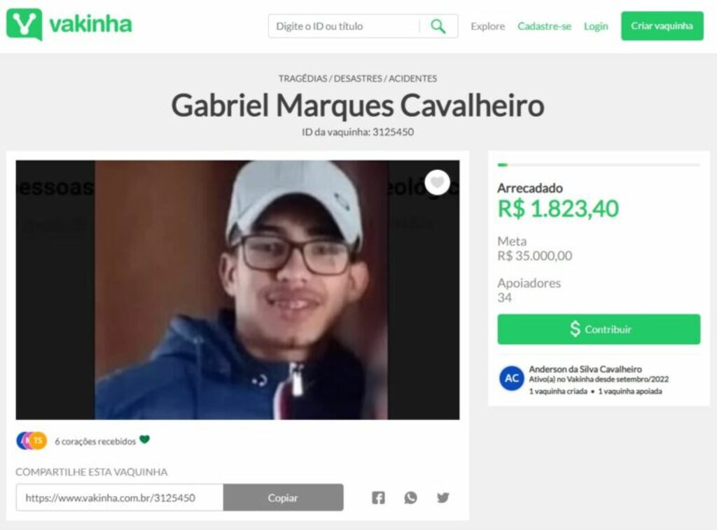 Família de Gabriel Marques Cavalheiro faz vaquinha on-line para despesas