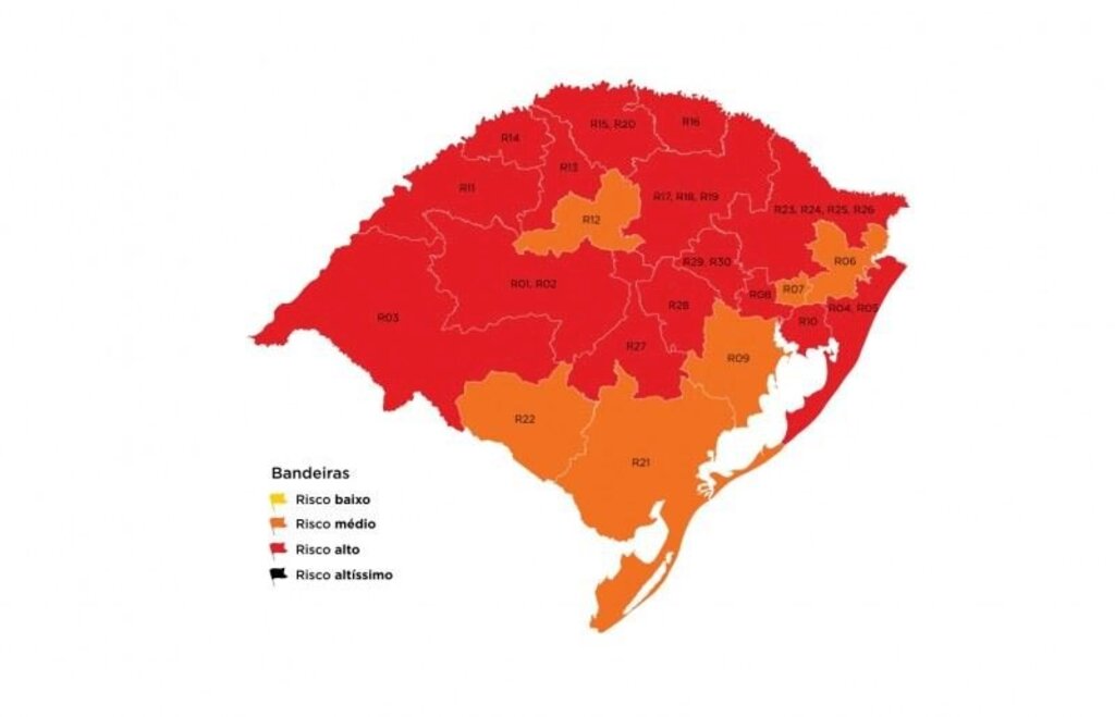 Último mapa definitivo de 2020 não tem alterações, e RS tem 15 regiões em vermelho