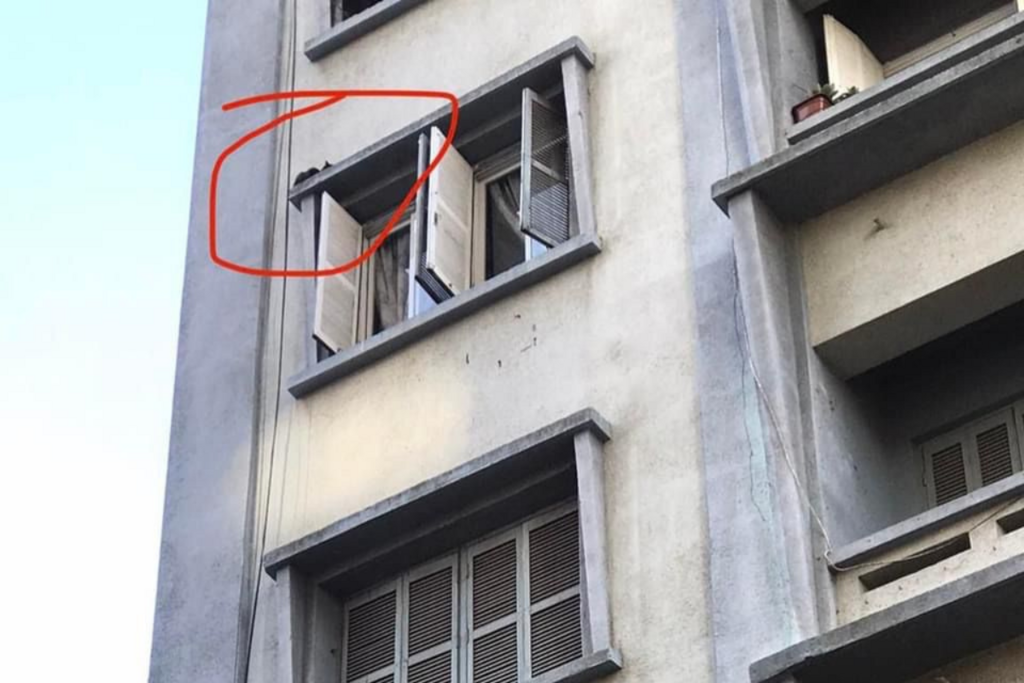 título imagem Resgate de gato na janela do quarto andar de prédio para o trânsito do centro de Santa Maria