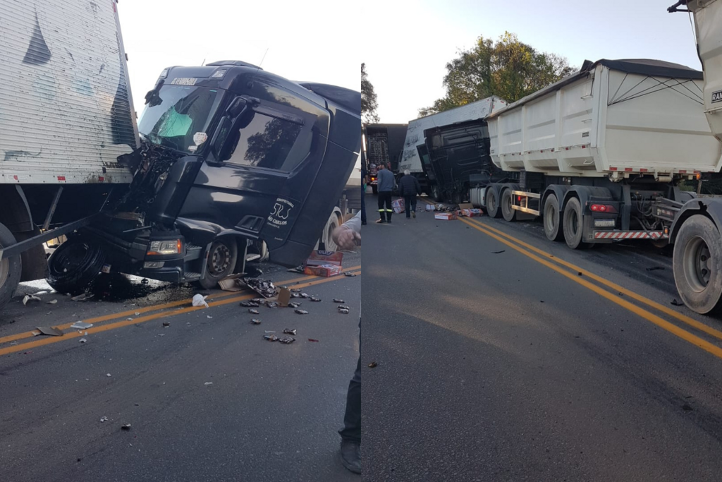 título imagem Acidente com três caminhões bloqueia totalmente o trânsito na BR-392