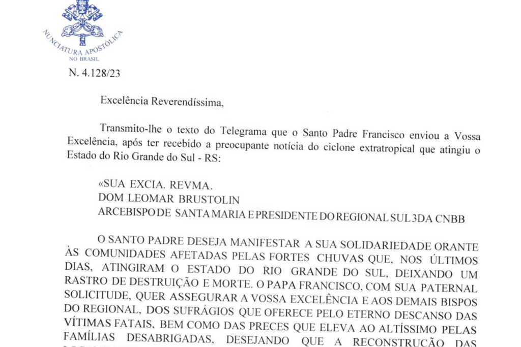 título imagem Papa Francisco envia carta ao arcebispo dom Leomar em solidariedade às vítimas do temporal que causou destruição no Estado