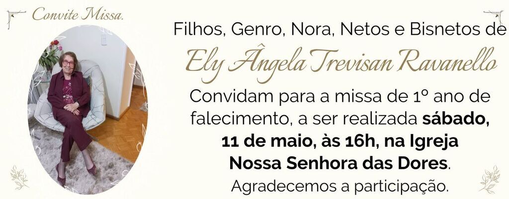 Convite para Missa de Ely Ângela Trevisan Ravanello