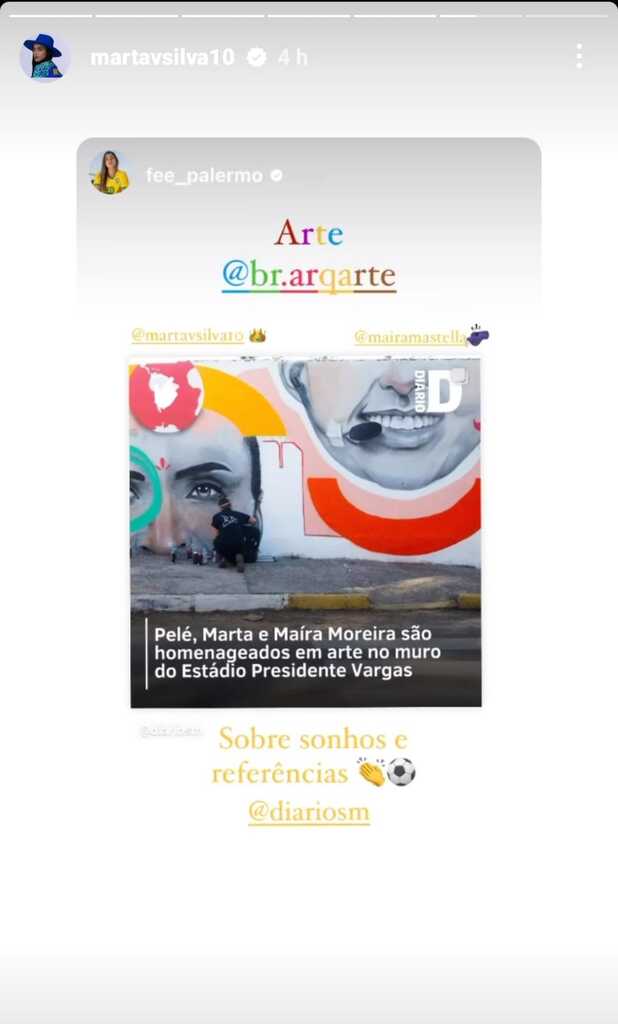 Jogadora Marta compartilha post do Diário que mostra novo mural do estádio do Inter-SM