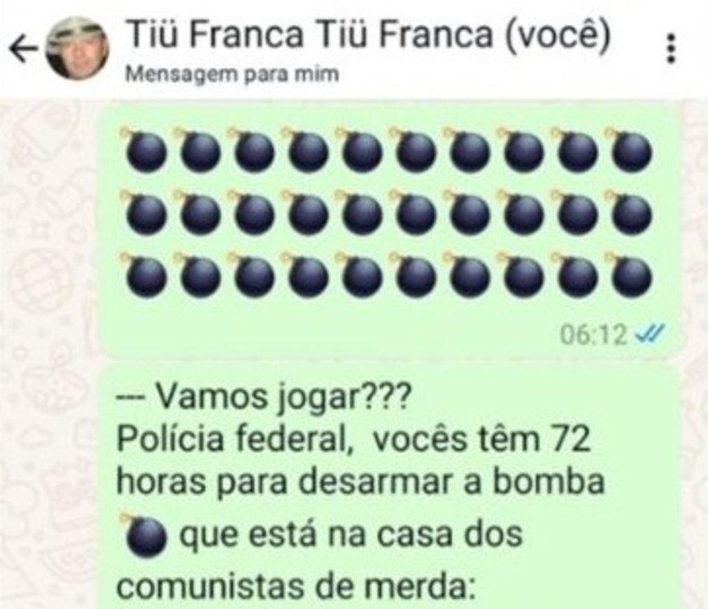 Em mensagem no WhatsApp, suposto autor de atentado no STF disse que Polícia Federal teria 72 horas para desarmar bombas
